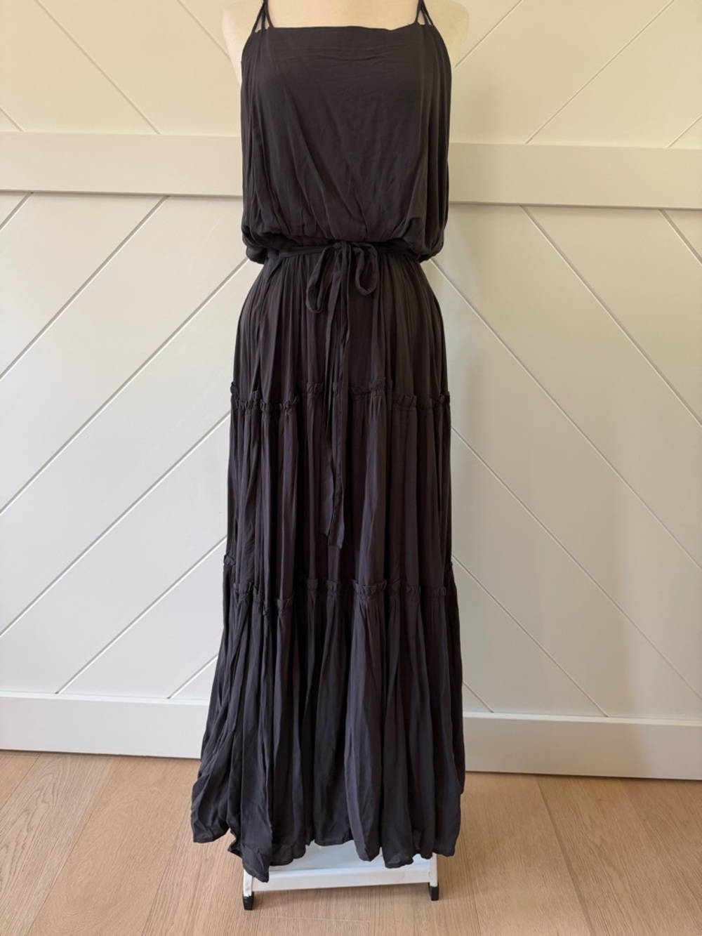 NWT Free People washed black Tiered Spaghetti-Strap Maxi Dress with Waist Tie